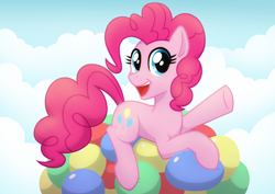 Size: 2800x1980 | Tagged: safe, artist:whitequartztheartist, pinkie pie, earth pony, pony, g4, balloon, floating, solo, that pony sure does love balloons, then watch her balloons lift her up to the sky