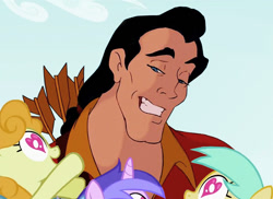 Size: 766x557 | Tagged: safe, edit, edited screencap, screencap, carrot top, golden harvest, sea swirl, seafoam, sunshower raindrops, human, pony, g4, lesson zero, background pony, beauty and the beast, disney, gaston legume, grin, heart, looking at you, smiling, want it need it