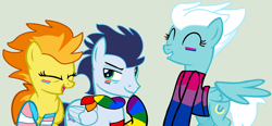 Size: 1974x916 | Tagged: safe, artist:jadeharmony, artist:ponybasesrus, fleetfoot, soarin', spitfire, pegasus, pony, g4, base used, bisexual pride flag, clothes, eyes closed, face paint, female, gay pride flag, gray background, grin, lip bite, male, mare, open mouth, pansexual pride flag, pride, pride flag, pride socks, rainbow socks, raised hoof, scarf, show accurate, simple background, smiling, socks, stallion, striped socks, sweater, trans female, transgender, transgender pride flag, trio