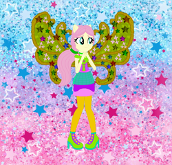 Size: 736x708 | Tagged: safe, artist:selenaede, artist:user15432, fluttershy, fairy, human, equestria girls, g4, alternate hairstyle, barely eqg related, base used, boots, clothes, cosmix, crossover, fairy wings, fairyized, gradient background, green dress, green shoes, high heel boots, high heels, leggings, ponied up, ponytail, rainbow s.r.l, shoes, solo, stars, wings, winx, winx club, winxified, yellow wings