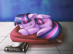 Size: 3000x2200 | Tagged: safe, artist:fadlihalimns, twilight sparkle, alicorn, pony, g4, adorkable, behaving like a cat, book, curled up, cute, dork, ear fluff, eyes closed, high res, james bond, movie reference, pillow, ponified, skyfall, sleeping, solo, twiabetes, twilight cat, twilight sparkle (alicorn), underhoof