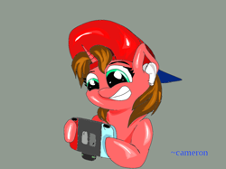 Size: 1026x768 | Tagged: safe, artist:@cameron, derpibooru exclusive, oc, oc only, oc:nintendy, pony, unicorn, brown hair, cute, earbuds, female, fluffy hair, fluffy mane, gaming, gray background, green eyes, hat, looking at something, nintendo switch, simple background, smiling, solo