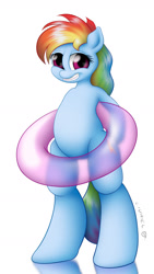 Size: 1350x2400 | Tagged: safe, alternate version, artist:livriel, rainbow dash, pony, g4, bipedal, braces, cute, dashabetes, faic, female, floaty, grin, inner tube, looking at you, mare, pool toy, signature, simple background, smiling, smiling at you, solo, standing, white background