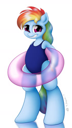 Size: 1350x2400 | Tagged: safe, alternate version, artist:livriel, rainbow dash, pony, semi-anthro, g4, adorasexy, bipedal, blue swimsuit, braces, clothes, cute, dashabetes, female, floaty, inner tube, looking at you, mare, one-piece swimsuit, sexy, smiling, solo, strategically covered, swimsuit, teasing