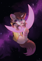 Size: 2729x3929 | Tagged: safe, artist:dorkmark, artist:raily, oc, oc only, pony, unicorn, collaboration, crescent moon, cyberpunk, high res, moon, solo, space, stars, tangible heavenly object, transparent moon