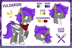 Size: 1200x798 | Tagged: safe, artist:jennieoo, oc, oc only, oc:vuldarion, bat pony, pony, vampire, vampony, cutie mark, fangs, piercing, reference sheet, show accurate, smiling, smug, solo