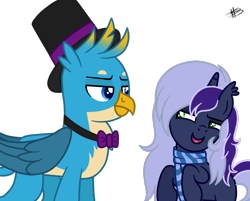 Size: 1024x823 | Tagged: safe, artist:princessmoonsilver, gallus, oc, oc:krystel, griffon, pony, unicorn, g4, base used, clothes, hat, scarf, top hat, vector