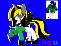 Size: 1400x1050 | Tagged: safe, artist:juliet-gwolf18, oc, oc only, oc:juliet, alicorn, pony, alicorn oc, blue background, clothes, duo, eyelashes, female, hoof shoes, horn, mare, minecraft, raised hoof, simple background, wings, yin-yang