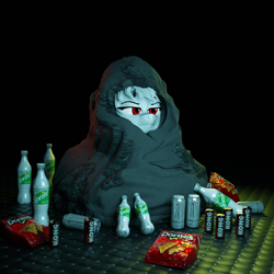 Size: 2000x2000 | Tagged: safe, artist:queen-razlad, oc, oc only, oc:strelka, devil, pony, 3d, blanket, blender, chips, comfy, doritos, food, high res, kong strong, looking at something, monster energy, padded ground, raz clan, solo, sprite (brand), television