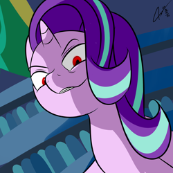 Size: 2000x2000 | Tagged: safe, artist:asajiopie01, starlight glimmer, pony, unicorn, g4, death note, equality, evil smile, female, grin, high res, horn, just as planned, kira, looking at you, mare, red eyes, red eyes take warning, smiling, solo