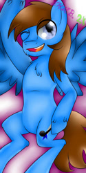 Size: 600x1200 | Tagged: safe, artist:juliet-gwolf18, oc, oc only, pegasus, pony, abstract background, male, one eye closed, open mouth, pegasus oc, smiling, solo, stallion, wings, wink