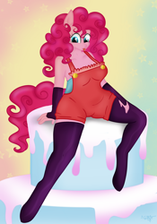 Size: 1784x2549 | Tagged: safe, artist:synthsparkle, pinkie pie, anthro, unguligrade anthro, g4, cake, chubby, cute, food, solo