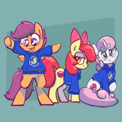 Size: 2048x2048 | Tagged: safe, artist:pfeffaroo, apple bloom, scootaloo, sweetie belle, earth pony, pegasus, pony, unicorn, adorabloom, apple bloom's bow, bipedal, bow, clothes, cute, cutealoo, cutie mark, cutie mark crusaders, diasweetes, female, filly, hair bow, head tilt, high res, hoodie, lidded eyes, looking at self, looking at you, open mouth, raised hoof, sitting, smiling, spread wings, standing, sweater, the cmc's cutie marks, trio, wings