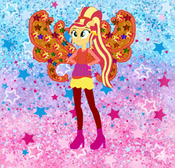 Size: 736x708 | Tagged: safe, artist:selenaede, artist:user15432, sunset shimmer, fairy, human, equestria girls, g4, alternate hairstyle, barely eqg related, base used, boots, clothes, cosmix, crossover, fairy wings, fairyized, fingerless gloves, gloves, gradient background, hand on hip, high heel boots, high heels, leggings, orange dress, pink shoes, ponied up, ponytail, rainbow s.r.l, red wings, shoes, solo, stars, wings, winx, winx club, winxified