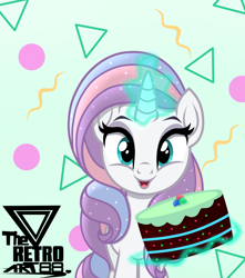 Size: 1500x1700 | Tagged: safe, artist:theretroart88, potion nova, pony, unicorn, g4, g4.5, my little pony: pony life, abstract background, cake, cute, female, food, g4.5 to g4, glowing horn, horn, looking at you, magic, magic aura, novabetes, open mouth, solo, telekinesis