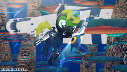 Size: 3840x2160 | Tagged: safe, artist:arcanetesla, oc, oc only, oc:arcane tesla, fish, peeper (subnautica), pony, unicorn, 3d, blue eyes, crossover, cute, cyclops (subnautica), dive mask, diving, giant mushroom, glowing, glowing horn, green coat, gun, high res, horn, magic, mushroom, ocean, rifle, scanner, scanning, signature, solo, source filmmaker, stasis rifle, submarine, subnautica, tail, telekinesis, underwater, video game crossover, water, weapon, wetsuit, yellow mane, yellow tail