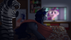 Size: 4820x2718 | Tagged: safe, artist:69beas, oc, oc:gale thundercloud, oc:lucatiel, pony, unicorn, a canterlot wedding, g4, bed, bedroom eyes, female, food, ice cream, looking back, lying down, male, mare, married couple, shipping, spoon, stallion, television, this day aria