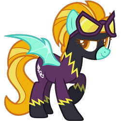 Size: 1100x1100 | Tagged: safe, artist:choisky13, artist:pegasski, lightning dust, bat pony, pony, g4, base used, bat ponified, clothes, costume, fangs, female, goggles, mare, race swap, raised hoof, shadowbolts, shadowbolts costume, simple background, smiling, smirk, solo, transparent background