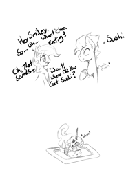 Size: 933x1191 | Tagged: safe, artist:alazak, oc, oc:pearl, oc:smiley, oc:the fish, pony, dialogue, food, monochrome, ponies in food, ponies in sushi, sushi