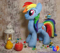 Size: 2586x2304 | Tagged: safe, artist:1stastrastudio, rainbow dash, pony, g4, apple, food, high res, irl, pear, photo, plushie, solo