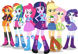 Size: 722x504 | Tagged: safe, edit, editor:pascalmulokozi2, applejack, fluttershy, pinkie pie, rainbow dash, rarity, sunset shimmer, twilight sparkle, equestria girls, g4, boots, clothes, compression shorts, cowboy hat, denim skirt, eyebrows, freckles, grin, hand on hip, hat, high heel boots, humane five, humane seven, humane six, leg warmers, miniskirt, open mouth, open smile, pleated skirt, septet, shoes, shorts, shorts under skirt, simple background, skirt, smiling, socks, stetson, the rainbooms, transparent background