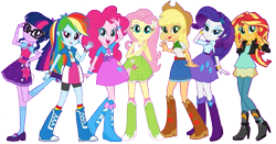 Size: 841x442 | Tagged: safe, edit, edited screencap, editor:pascalmulokozi2, screencap, applejack, fluttershy, pinkie pie, rainbow dash, rarity, sci-twi, sunset shimmer, twilight sparkle, equestria girls, g4, background removed, humane five, humane seven, humane six, not a vector, simple background, transparent background