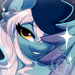 Size: 1000x1000 | Tagged: safe, artist:oofycolorful, oc, oc only, oc:ice, pegasus, pony, bedroom eyes, bust, ear piercing, earring, hat, jewelry, one eye closed, piercing, solo, watermark, wink