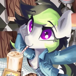 Size: 2502x2502 | Tagged: safe, artist:saxopi, oc, oc only, oc:elli, earth pony, pony, bubble tea, clothes, diner, high res, jacket, sipping, solo, straw