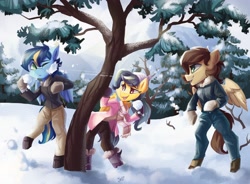 Size: 4096x3015 | Tagged: safe, artist:saxopi, oc, oc only, pegasus, semi-anthro, arm hooves, beanie, clothes, hat, jacket, scarf, snow, snow boots, snowball, snowball fight, tree, trio, winter
