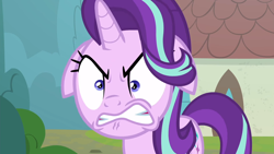 Size: 1920x1080 | Tagged: safe, screencap, starlight glimmer, pony, unicorn, g4, season 8, the parent map, angry, angry face, close-up, cute, cute when angry, ears back, face, female, gritted teeth, house, madorable, mare, rage, ragelight glimmer, shrunken pupils, sire's hollow, solo, starlight glimmer is not amused, tree, unamused, window