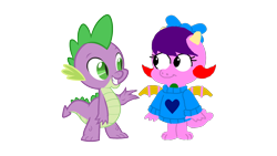 Size: 1920x1080 | Tagged: safe, artist:ianpony98, spike, oc, oc:flabby, dragon, g4, bow, clothes, crossover, duo, female, male, meeting, paint.net, simple background, sweater, transparent background, vector