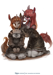 Size: 2480x3508 | Tagged: safe, artist:derekireba, oc, oc only, oc:ora, oc:silver bubbles, unicorn, anthro, unguligrade anthro, choker, clothes, collarbone, crossdressing, female, femboy, hands in lap, high res, kneeling, maid, male, mare, one eye closed, pantyhose, peaceful, skirt, smiling, tying bow