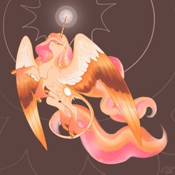 Size: 2000x2000 | Tagged: safe, artist:creeate97, princess celestia, alicorn, pony, g4, alternate design, colored wings, flying, high res, leonine tail, long mane, long tail, multicolored hair, multicolored wings, solo, unshorn fetlocks, wings