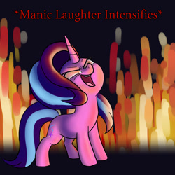 Size: 900x900 | Tagged: safe, artist:slamjam, starlight glimmer, pony, unicorn, g4, female, fire, laughing, maniacal laugh, pure unfiltered evil, solo, text