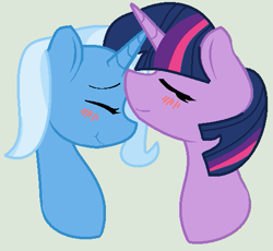 Size: 513x471 | Tagged: safe, artist:jadeharmony, trixie, twilight sparkle, g4, blushing, eyes closed, female, forehead kiss, kissing, lesbian, ship:twixie, shipping