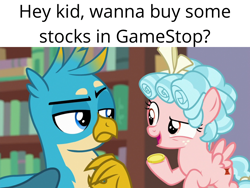 Size: 1024x768 | Tagged: safe, artist:thesharp0ne, edit, edited screencap, screencap, cozy glow, gallus, griffon, pegasus, pony, g4, what lies beneath, bits, bookshelf, bow, coin, current events, dialogue, duo, female, filly, foal, gallus is not amused, gamestop, hair bow, male, money, object, resource, stock market, unamused