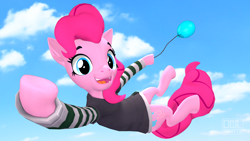 Size: 3840x2160 | Tagged: safe, artist:owlpirate, pinkie pie, earth pony, semi-anthro, g4, 3d, arm hooves, balloon, clothes, cloud, cute, diapinkes, female, floating, high res, looking at you, open mouth, smiling, smiling at you, solo, then watch her balloons lift her up to the sky