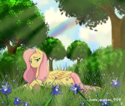 Size: 736x625 | Tagged: safe, artist:i_hate_snakeu_799, fluttershy, pegasus, pony, g4, cloud, crepuscular rays, female, flower, folded wings, grass, looking at you, lying down, mare, outdoors, prone, sad, solo, teary eyes, tree, wings