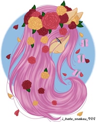 Size: 736x920 | Tagged: safe, artist:i_hate_snakeu_799, fluttershy, pegasus, pony, g4, bust, female, floral head wreath, flower, mare, petals, rose, solo