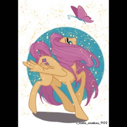 Size: 1080x1080 | Tagged: safe, artist:i_hate_snakeu_799, fluttershy, butterfly, pegasus, pony, g4, abstract background, eyelashes, female, looking up, mare, raised hoof, solo