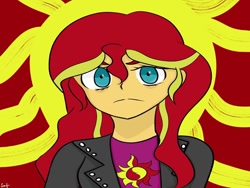 Size: 1080x810 | Tagged: safe, artist:satrinity_starnaly, sunset shimmer, equestria girls, g4, bust, clothes, cutie mark, cutie mark on clothes, female, frown, jacket, solo