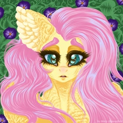 Size: 1321x1322 | Tagged: safe, artist:maryhoovesfield, fluttershy, pegasus, pony, g4, bust, cute, ear fluff, eyelashes, female, flower, mare, shyabetes, solo, wings
