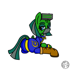 Size: 1500x1500 | Tagged: safe, artist:dice-warwick, oc, oc only, oc:temboril tablature, original species, pony, fallout equestria, fallout equestria: dance of the orthrus, bedroom eyes, boots, clothes, fallout equestria: scout sizzle cymbal, fanfic art, female, goggles, horn, jumpsuit, mare, mirage pony, raised tail, shoes, small horn, small wings, solo, stripes, tail, wings