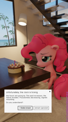 Size: 2160x3840 | Tagged: safe, artist:extremespeed slowpoke, pinkie pie, earth pony, pony, g4, 3d, birthday cake, blender, cake, female, floppy ears, food, high res, mare, sad, solo