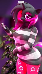 Size: 1080x1920 | Tagged: safe, artist:vyprae, oc, oc only, oc:philomena, unicorn, anthro, 3d, bedroom eyes, breasts, cellphone, christmas, christmas tree, clothes, female, holiday, horn, looking at you, phone, pose, smartphone, smiling, solo, source filmmaker, tail, tree