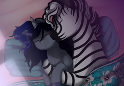 Size: 4200x2900 | Tagged: safe, artist:69beas, oc, oc:gale thundercloud, oc:lucatiel, pony, unicorn, zebra, bed, couple, female, lying down, male, mare, married couple, morning, shipping, smiling, stallion, waking up