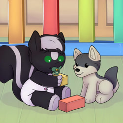 Size: 894x894 | Tagged: safe, artist:uniamoon, oc, oc only, oc:zenawa skunkpony, hybrid, skunk, skunk pony, wolf, building blocks, cute, diaper, foal, male, pacifier, playing, playpen, plushie, smiling