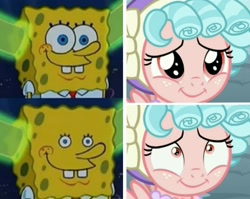 Size: 1211x966 | Tagged: safe, edit, screencap, cozy glow, pegasus, pony, frenemies (episode), g4, and stop staring at me with them big old eyes, comparison, cozy glow is best facemaker, cozybetes, cute, male, spongebob squarepants, spongebob squarepants (character), your shoe's untied