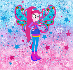 Size: 736x708 | Tagged: safe, artist:selenaede, artist:user15432, pinkie pie, fairy, human, equestria girls, g4, alternate hairstyle, barely eqg related, base used, boots, clothes, cosmix, crossover, fairy wings, fairyized, fingerless gloves, gloves, gradient background, high heel boots, high heels, leggings, pink dress, pink shoes, pink wings, ponied up, ponytail, rainbow s.r.l, shoes, solo, stars, wings, winx, winx club, winxified