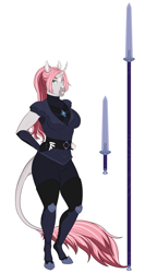 Size: 2046x3857 | Tagged: safe, artist:askbubblelee, oc, oc only, oc:rosie quartz, unicorn, anthro, unguligrade anthro, anthro oc, blaze (coat marking), breasts, clothes, coat markings, curved horn, dagger, digital art, facial markings, female, high res, horn, mare, royal guard, simple background, smiling, snip (coat marking), solo, spear, unicorn oc, weapon, white background